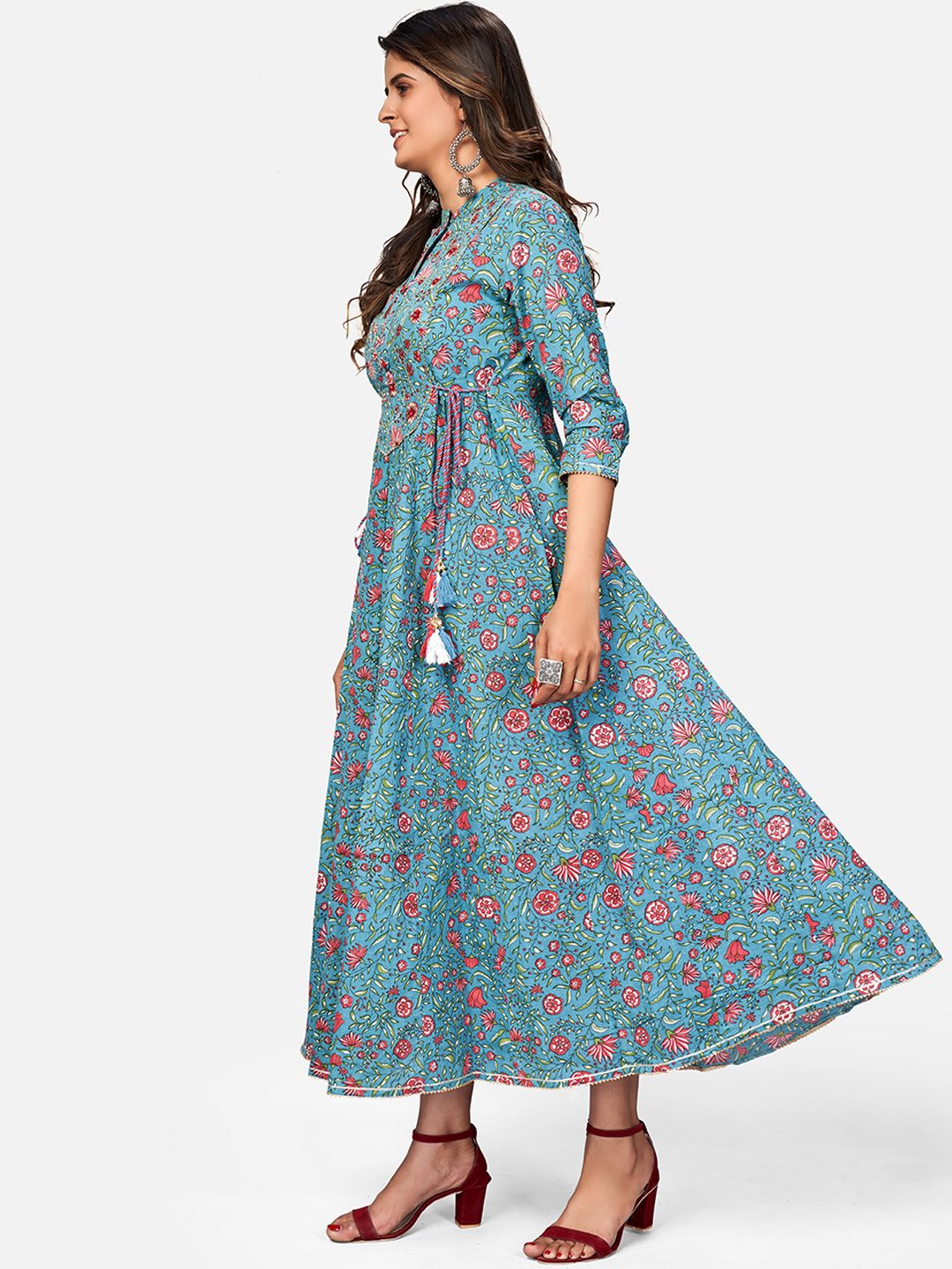 NOZ2TOZ Women's Printed & Embroidered Anarkali Cotton Turquoise Kurta (1Pc) - Swadesiicart
