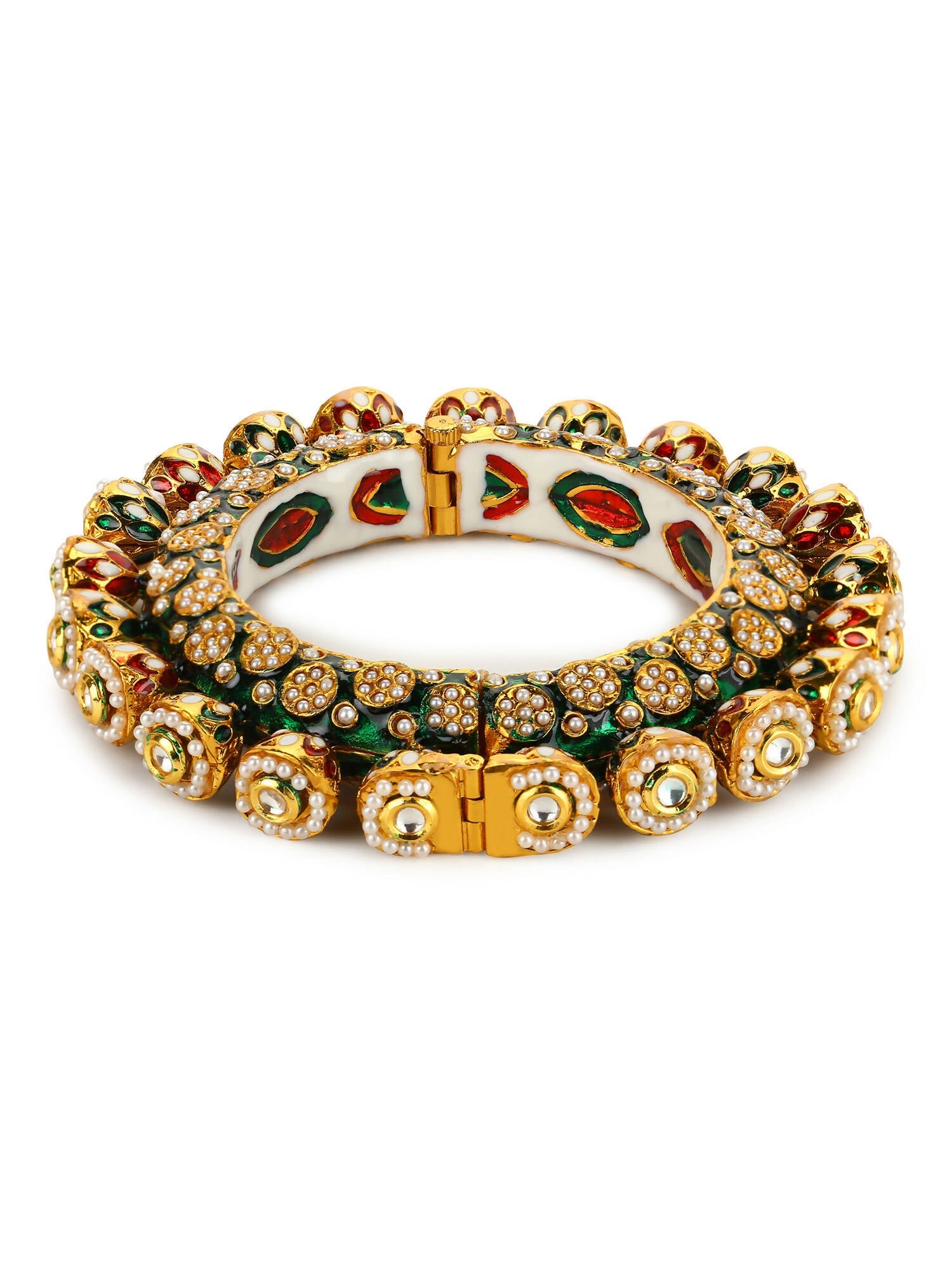 Gold-Polished Green Navratan Meenakari Bangle - Ruby Raang - Swadesiicart