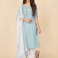 NOZ2TOZ Women's Printed & Hand Work Straight Cotton Sky Blue Kurta Pant With Dupatta (3Pcs Set) - Swadesiicart