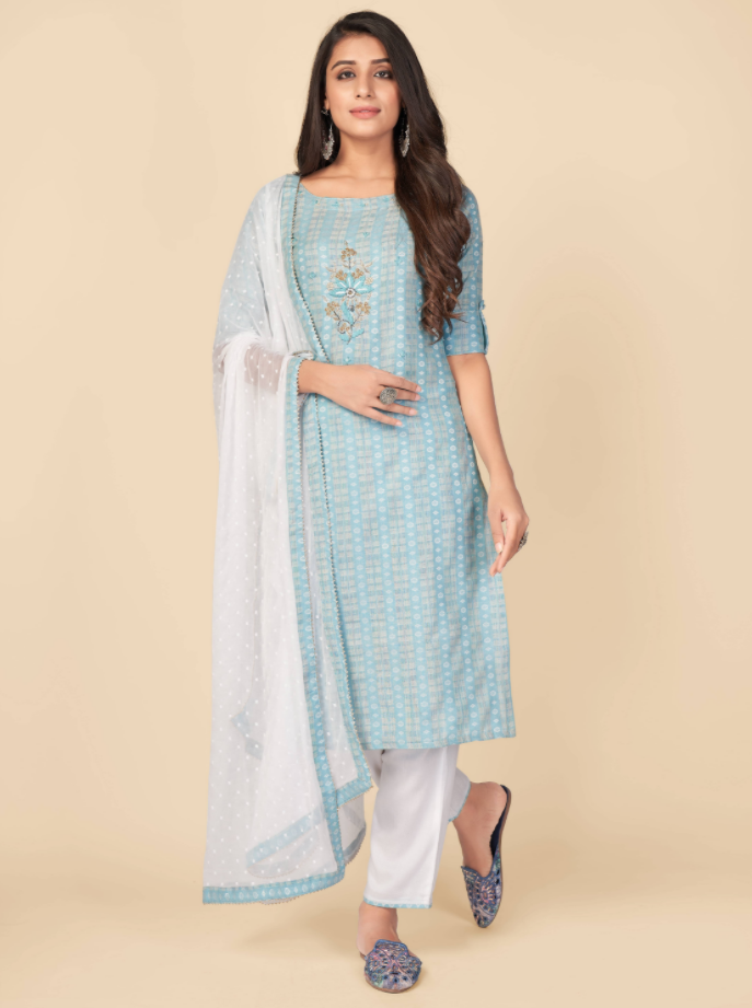 NOZ2TOZ Women's Printed & Hand Work Straight Cotton Sky Blue Kurta Pant With Dupatta (3Pcs Set) - Swadesiicart