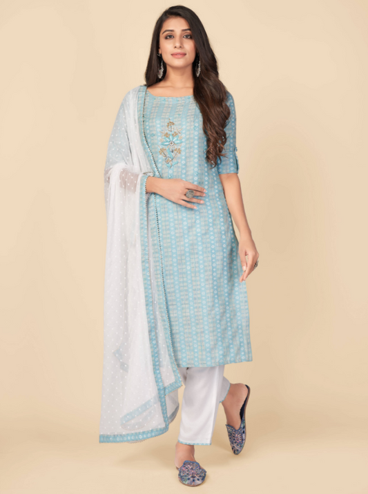 NOZ2TOZ Women's Printed & Hand Work Straight Cotton Sky Blue Kurta Pant With Dupatta (3Pcs Set) - Swadesiicart