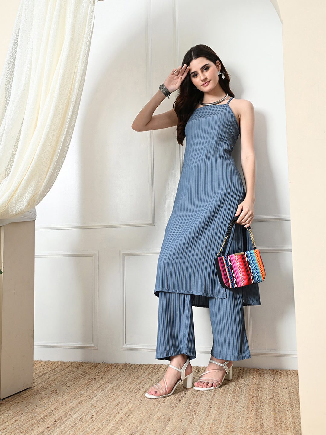 Myshka Women's Self Design Shoulder Straps Kurta & Palazzos Sets in Grey Color - Swadesiicart