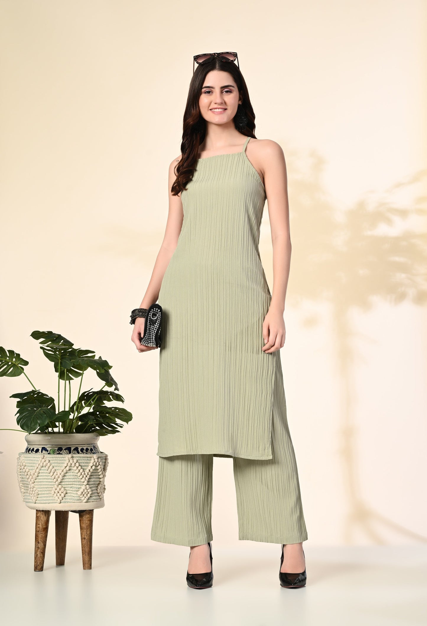 Myshka Women's Self Design Shoulder Straps Kurta & Palazzos Sets in Olive Color - Swadesiicart