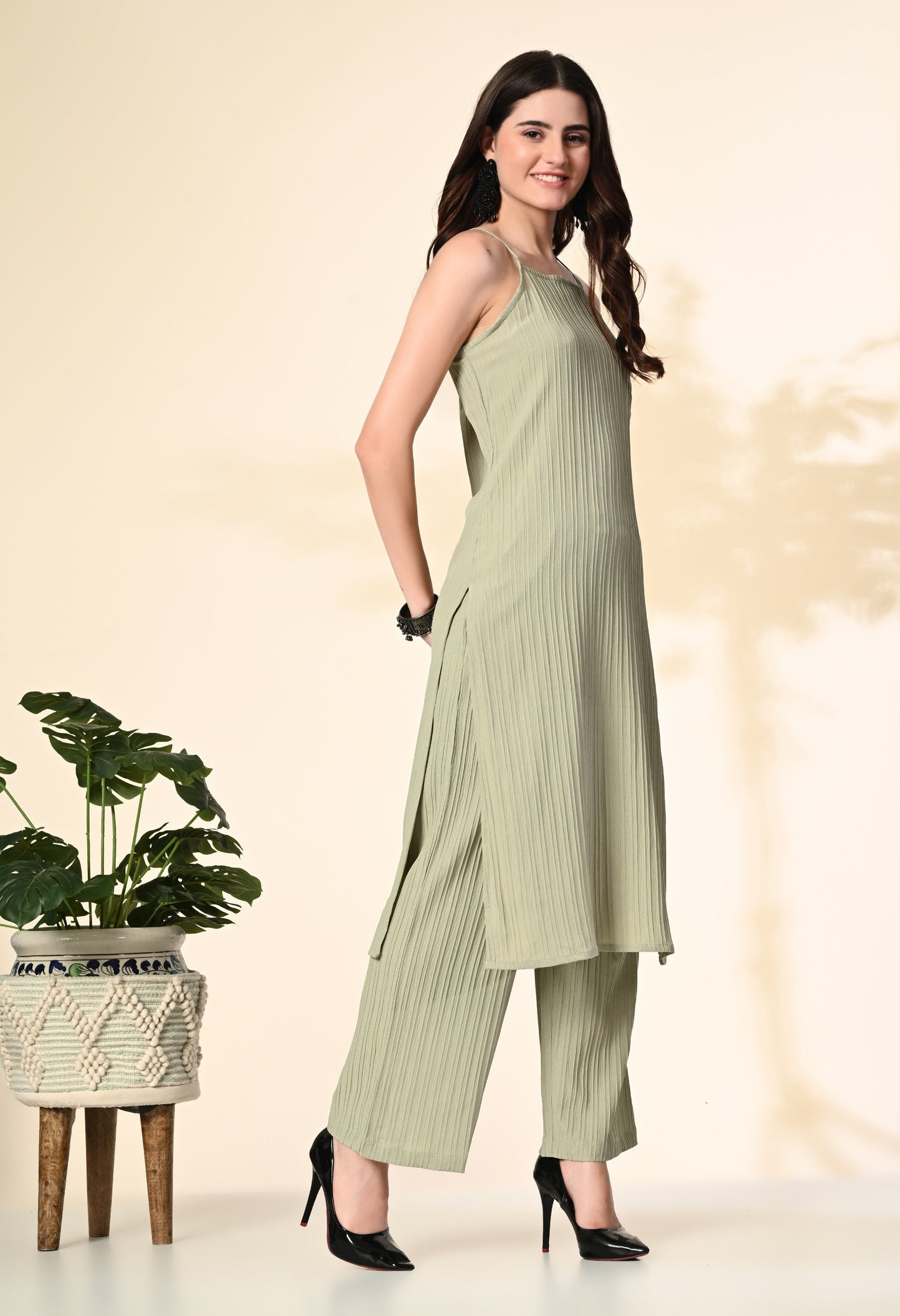 Myshka Women's Self Design Shoulder Straps Kurta & Palazzos Sets in Olive Color - Swadesiicart