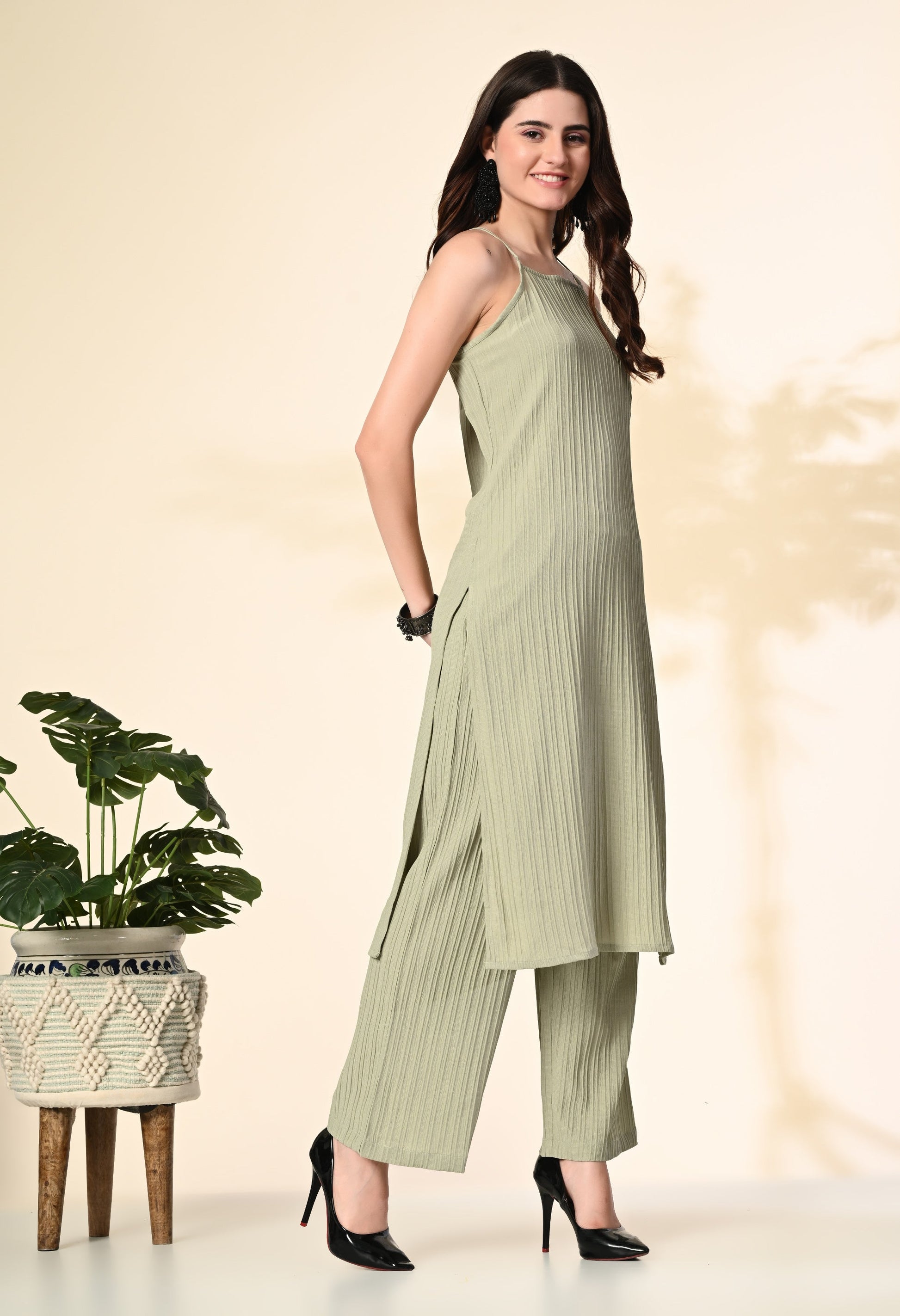Myshka Women's Self Design Shoulder Straps Kurta & Palazzos Sets in Olive Color - Swadesiicart