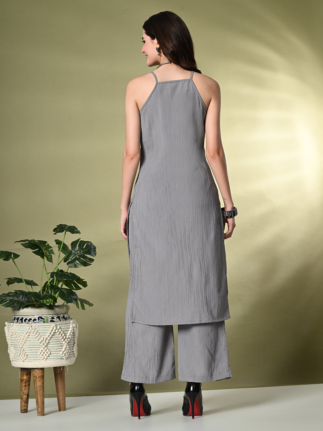 Myshka Women's Self Design Shoulder Straps Kurta & Palazzos Sets in Grey Color - Swadesiicart