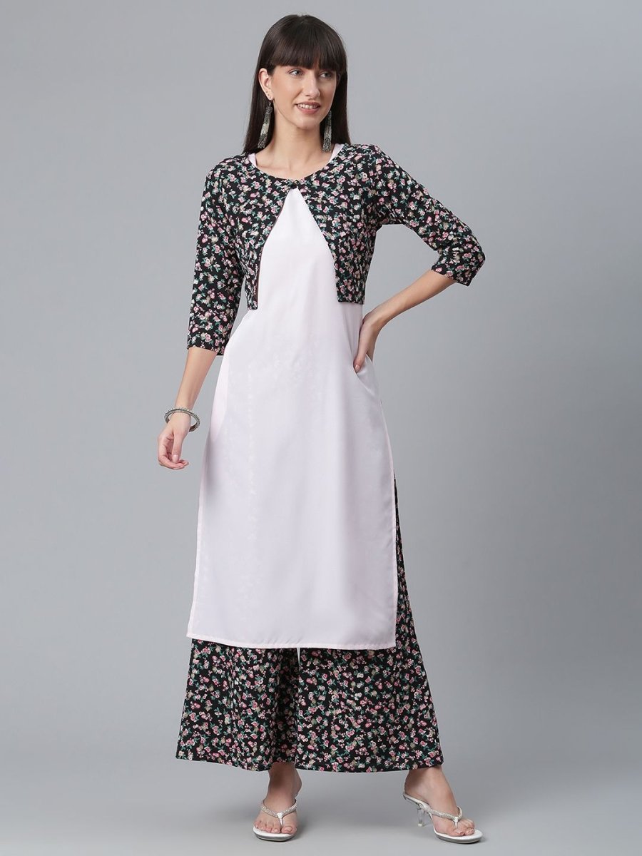 Ahalyaa Light Pink Crepe Solid Kurta And Palazzo Set With Jacket | Swadesiicart