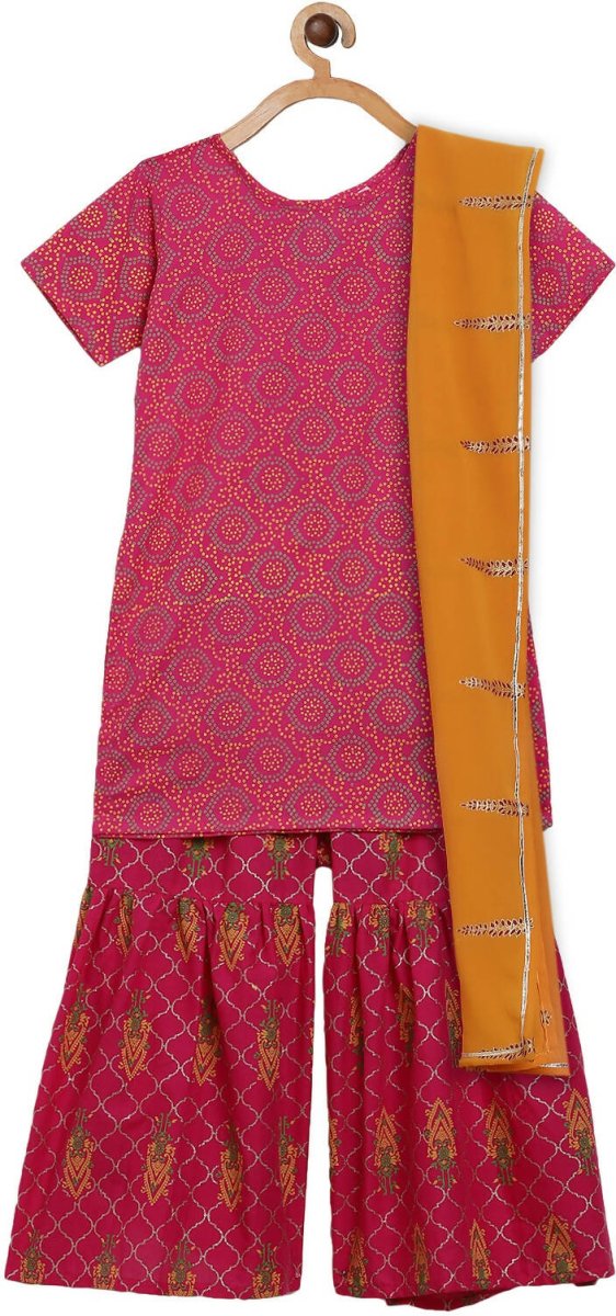 Ahalyaa Magenta Cotton Printed Kids Kurta Sharara Set With Dupatta For Girls | Swadesiicart