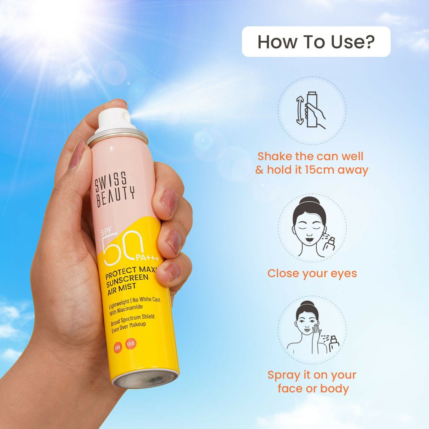 Swiss Beauty Protect Maxx Sunscreen Air Mist With SPF 50 PA+++ | Swadesiicart
