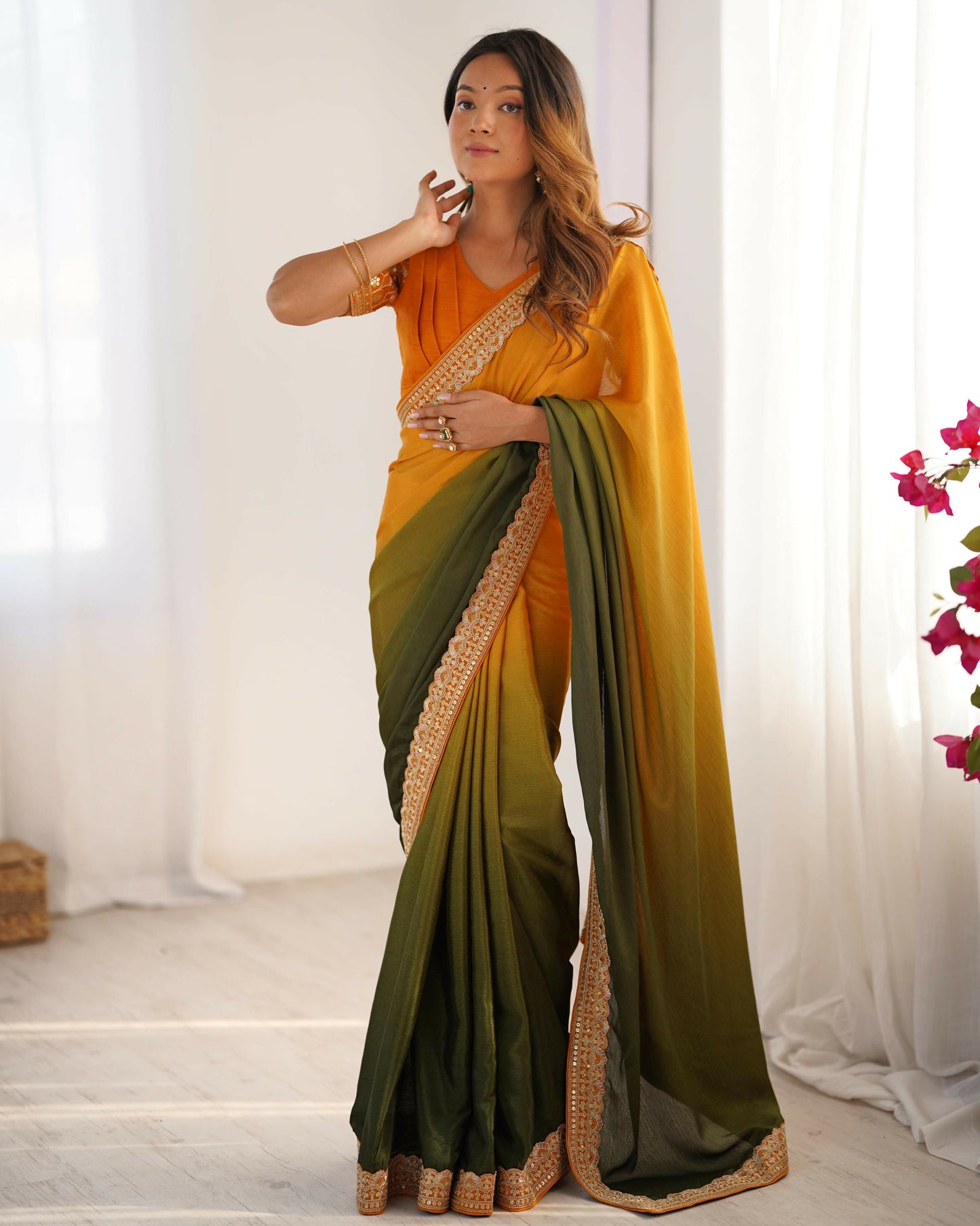 Exclusive Collection Yellow Green Party Wear Chinon Salk Saree - Swadesiicart