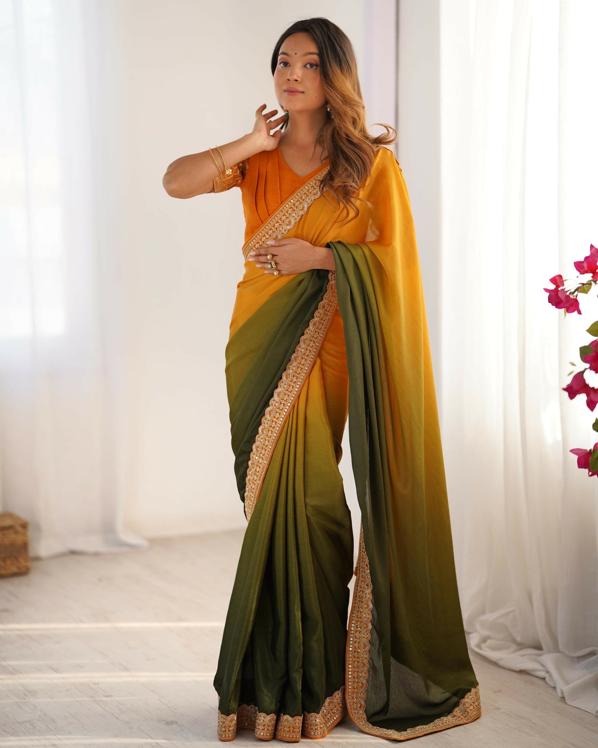 Exclusive Collection Yellow Green Party Wear Chinon Salk Saree - Swadesiicart