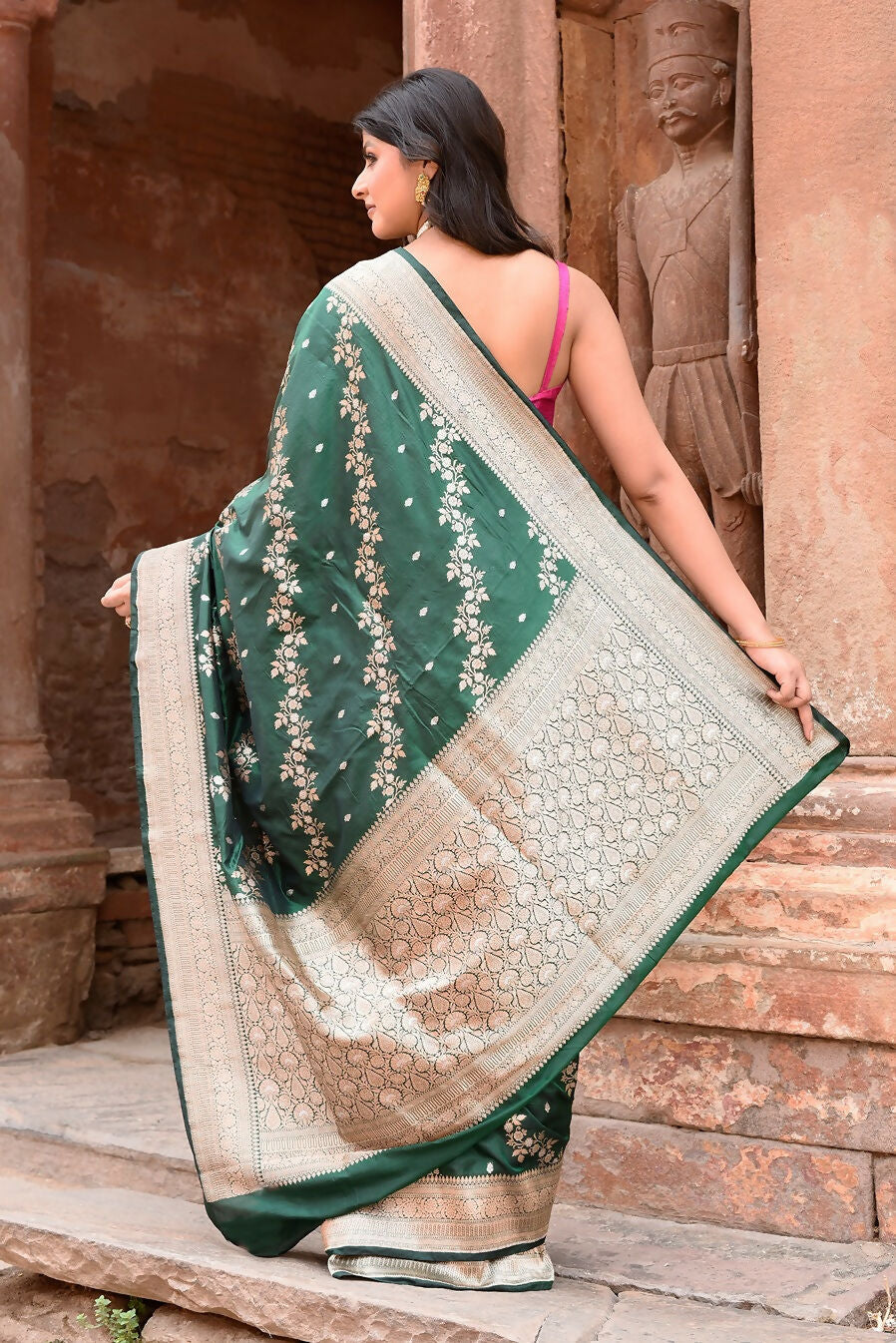 Joban Fashion Emerald Green Banarasi Katan Pure Handloom Banarasi Silk Saree | Swadesiicart