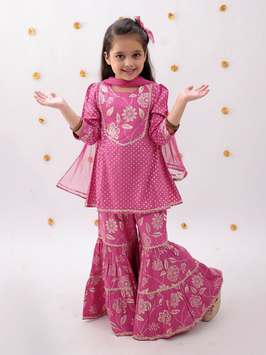 Lil Drama Khilkhilahat Pink Kurta Sharara With Dupatta Set For Girls | Swadesiicart