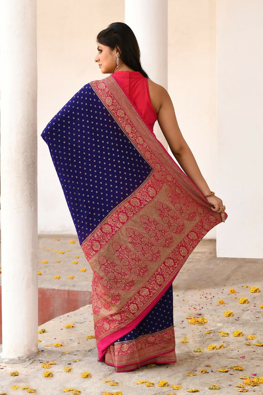 Joban Fashion Navy Blue Crepe Chiffon Pure Handloom Banarasi Silk Saree | Swadesiicart