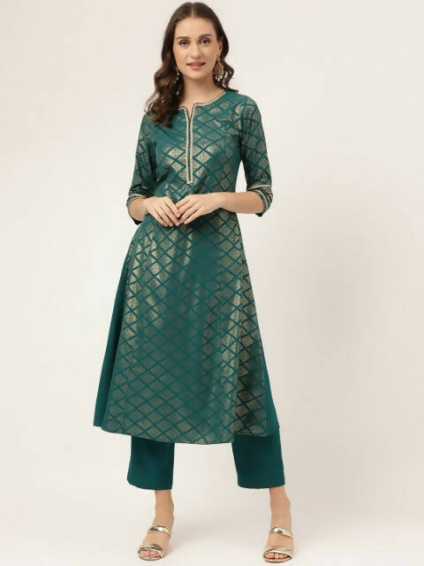 FIORRA Women's Teal Green Poly Crepe A-Line Kurta Set - Swadesiicart