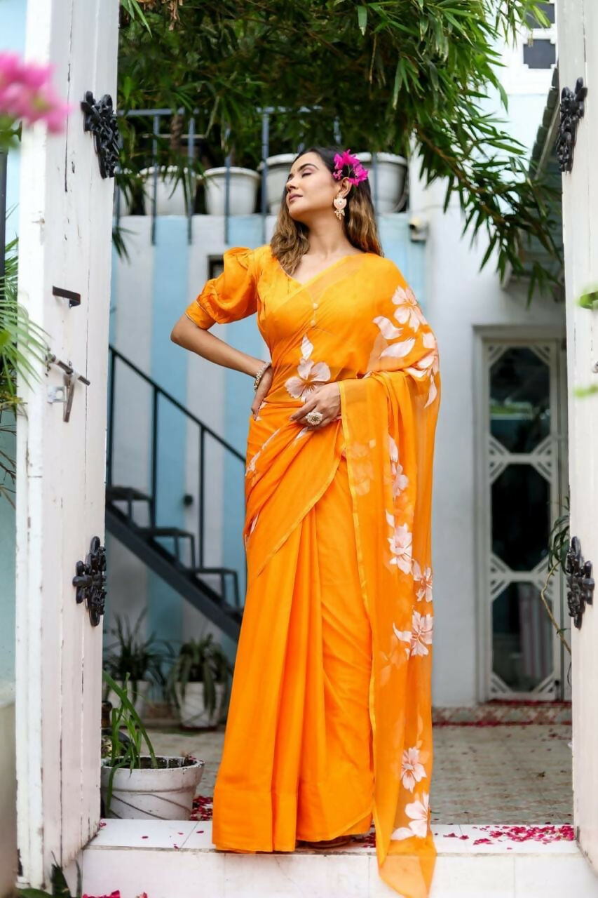 Exclusive Collection Beautiful Orange Pure Cotton Hand Print Handloom Saree With Running Blouse Piece - Swadesiicart