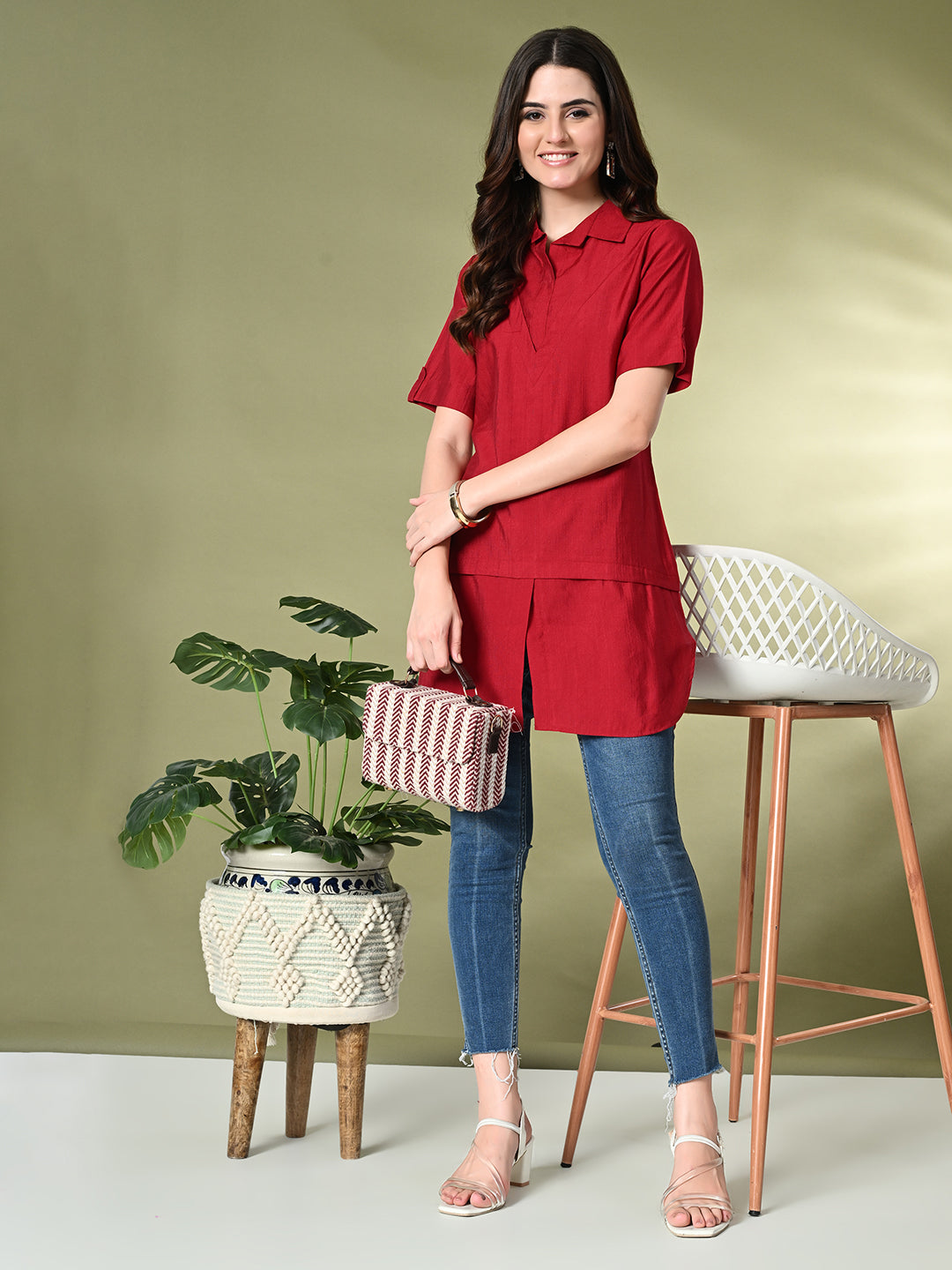 Myshka Women's Solid A-Line Collared Neck Casual Tunic In Red Color - Swadesiicart