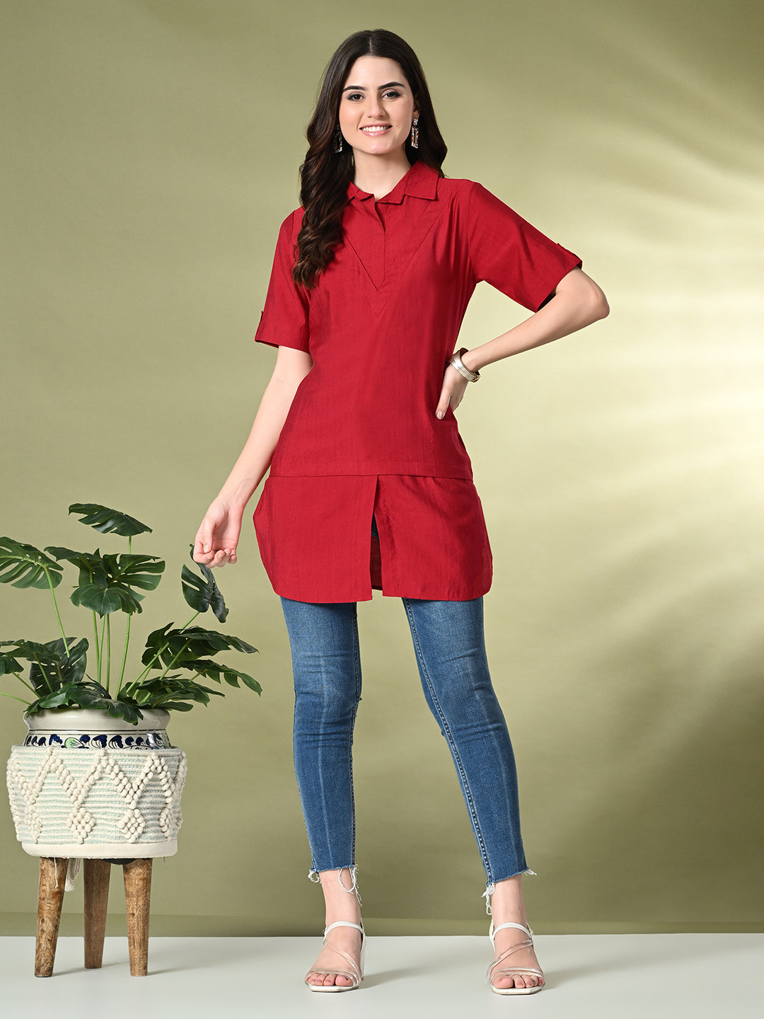 Myshka Women's Solid A-Line Collared Neck Casual Tunic In Red Color - Swadesiicart
