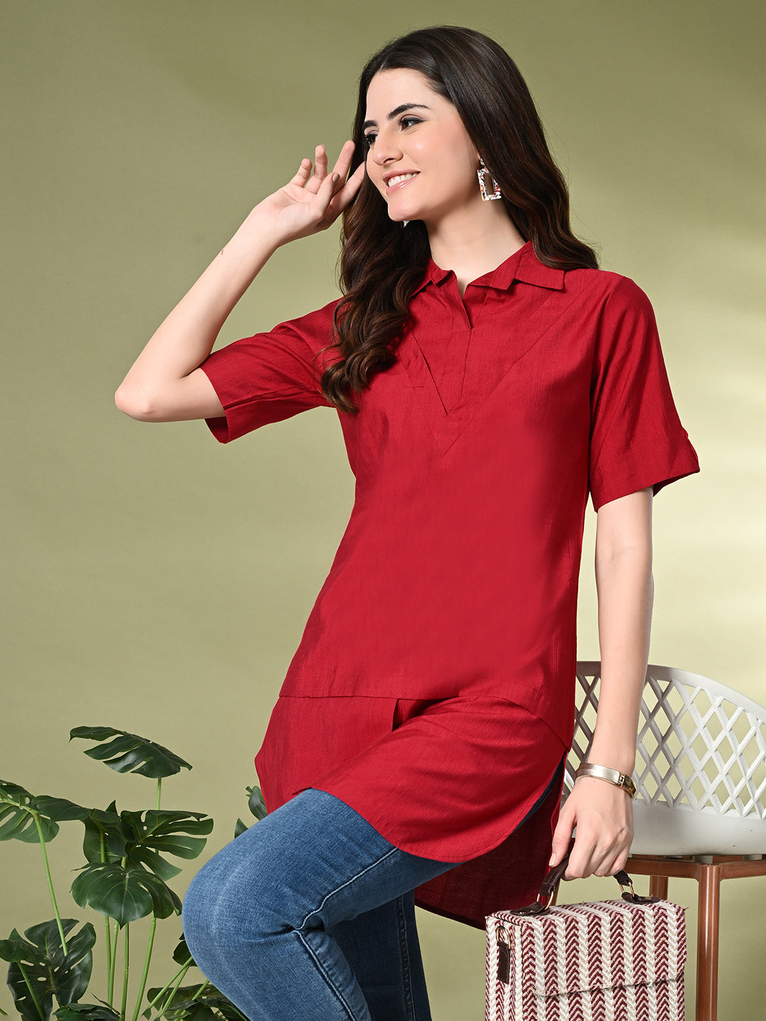 Myshka Women's Solid A-Line Collared Neck Casual Tunic In Red Color - Swadesiicart