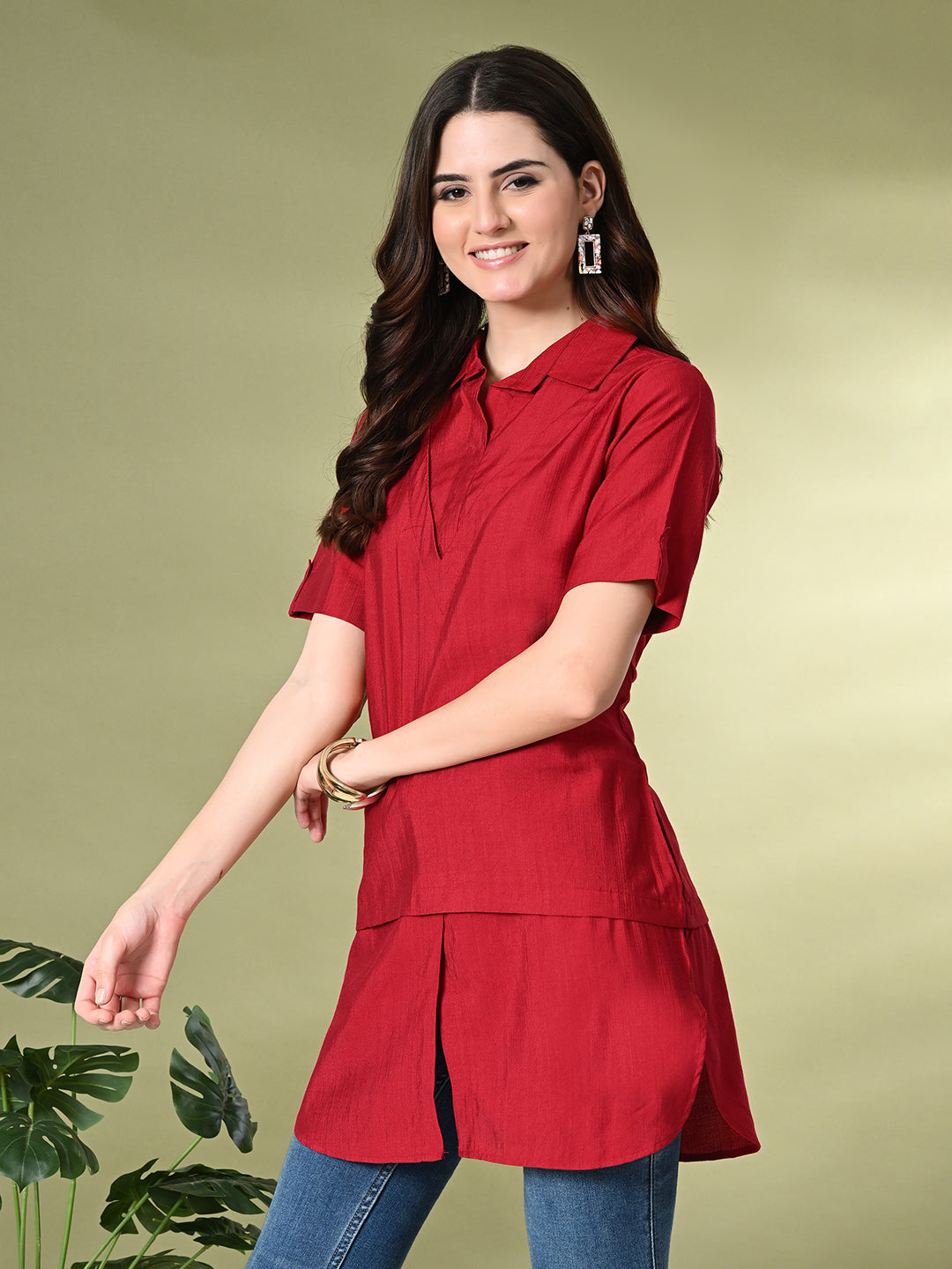 Myshka Women's Solid A-Line Collared Neck Casual Tunic In Red Color - Swadesiicart