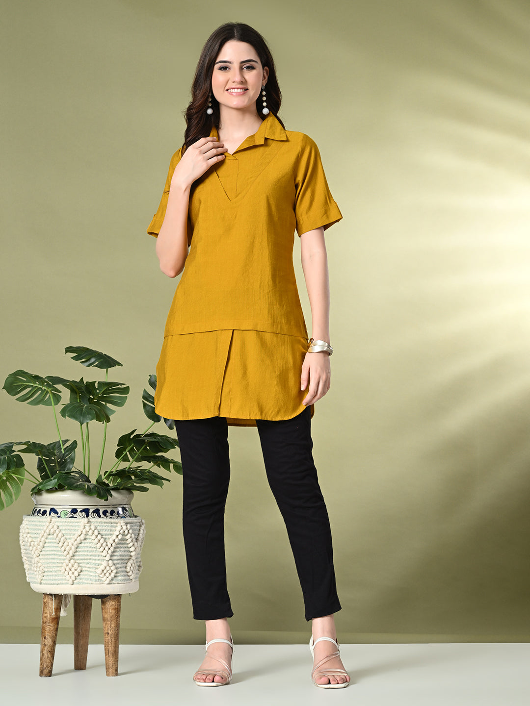 Myshka Women's Solid A-Line Collared Neck Casual Tunic In Mustard Color - Swadesiicart