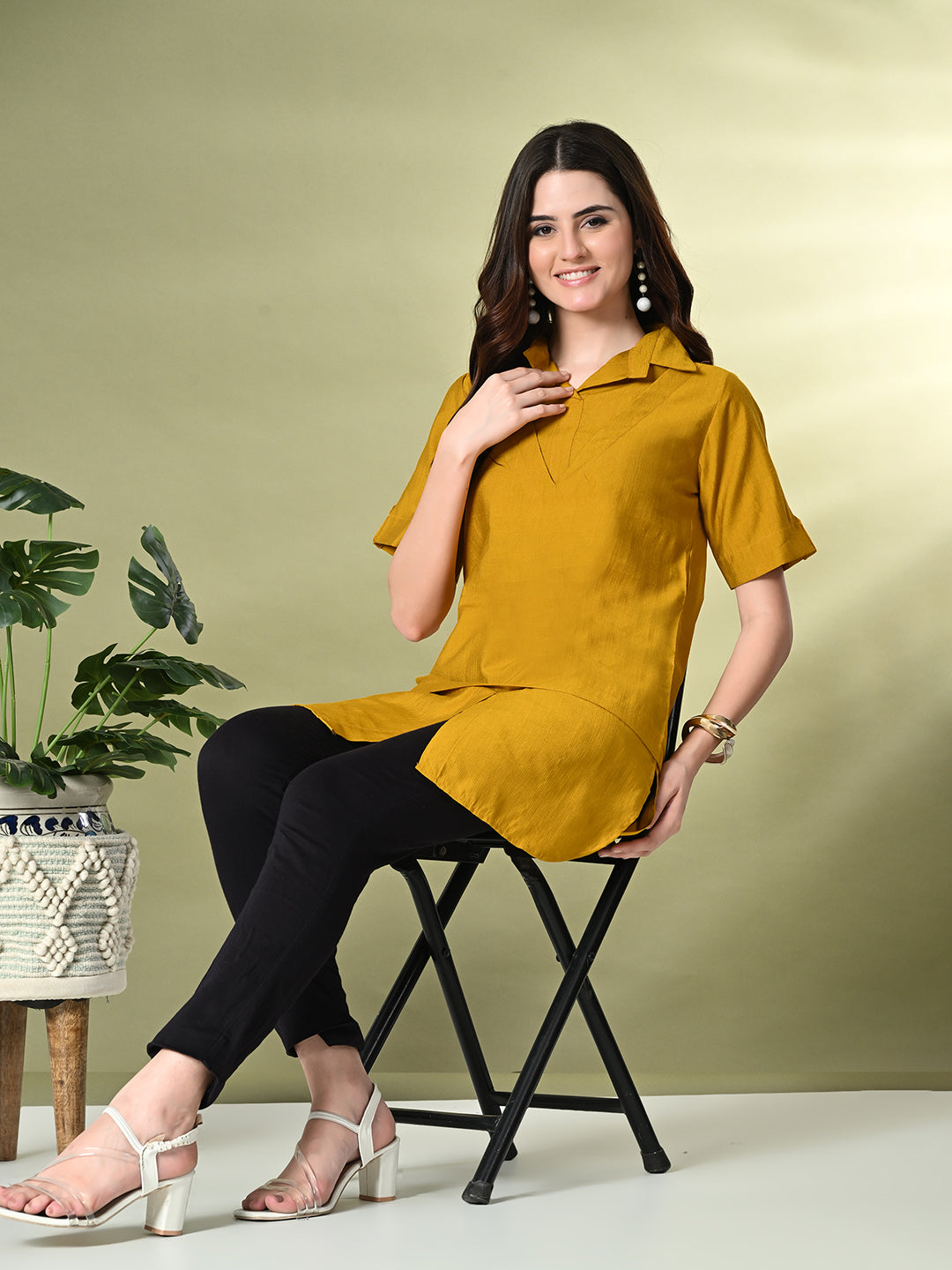 Myshka Women's Solid A-Line Collared Neck Casual Tunic In Mustard Color - Swadesiicart