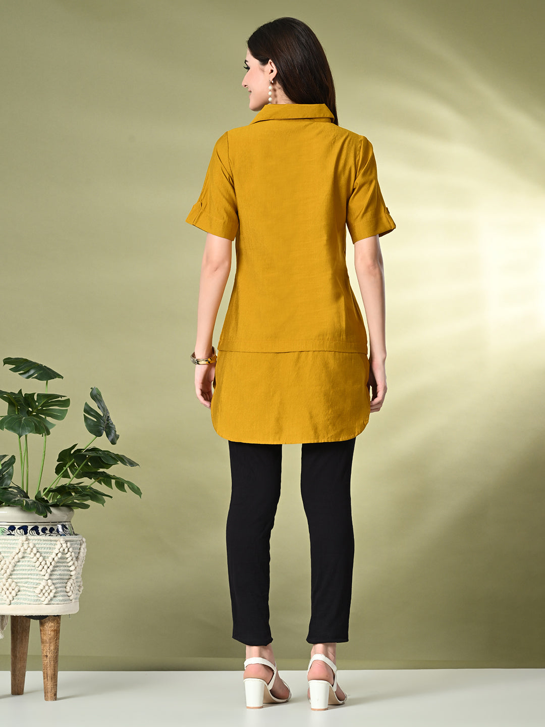 Myshka Women's Solid A-Line Collared Neck Casual Tunic In Mustard Color - Swadesiicart
