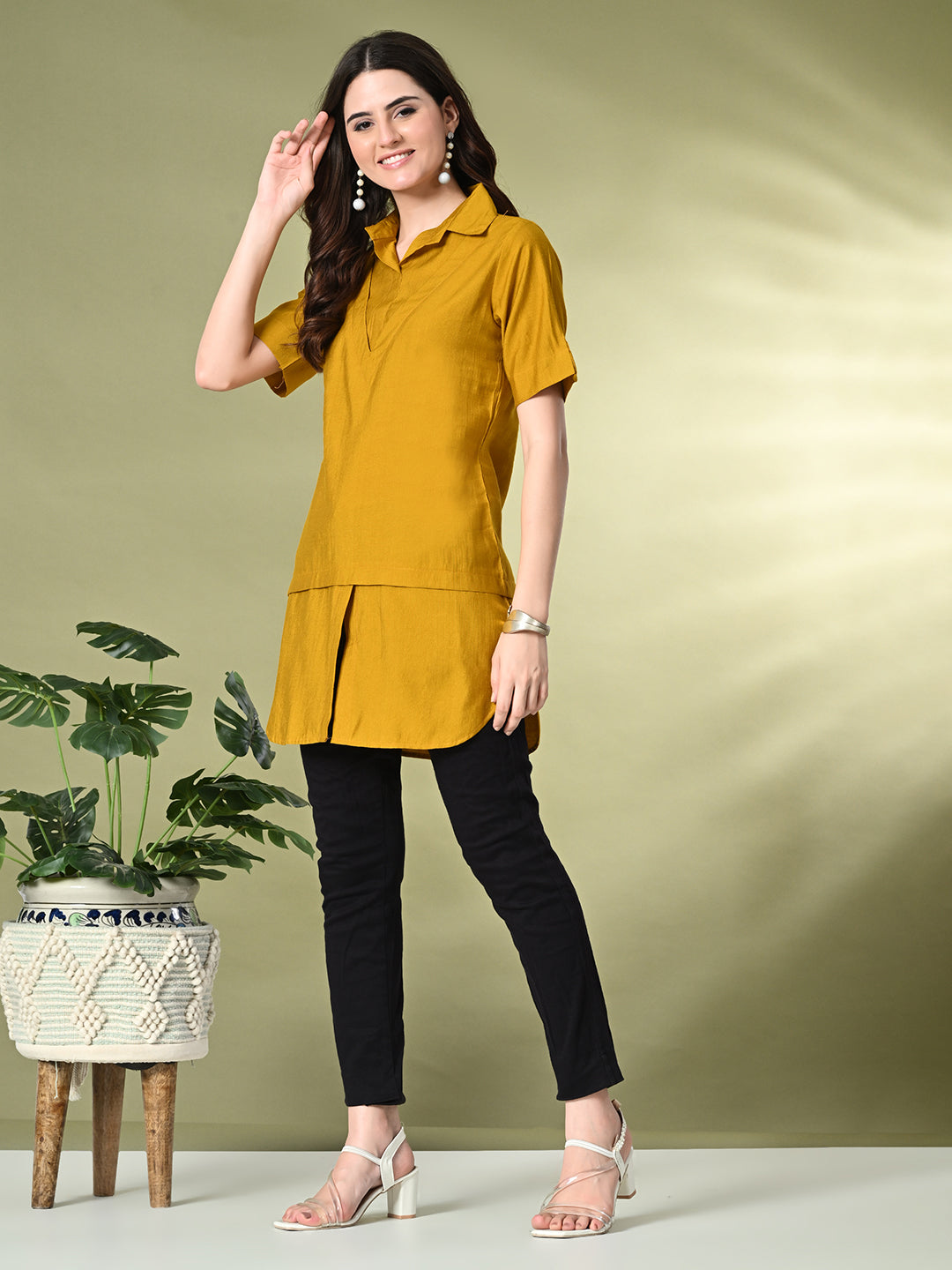 Myshka Women's Solid A-Line Collared Neck Casual Tunic In Mustard Color - Swadesiicart
