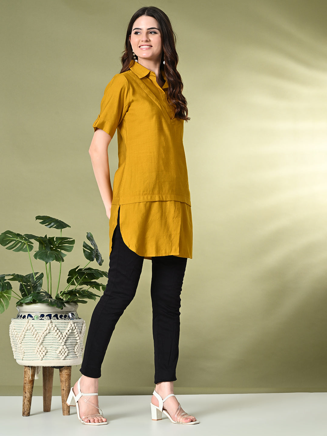 Myshka Women's Solid A-Line Collared Neck Casual Tunic In Mustard Color - Swadesiicart