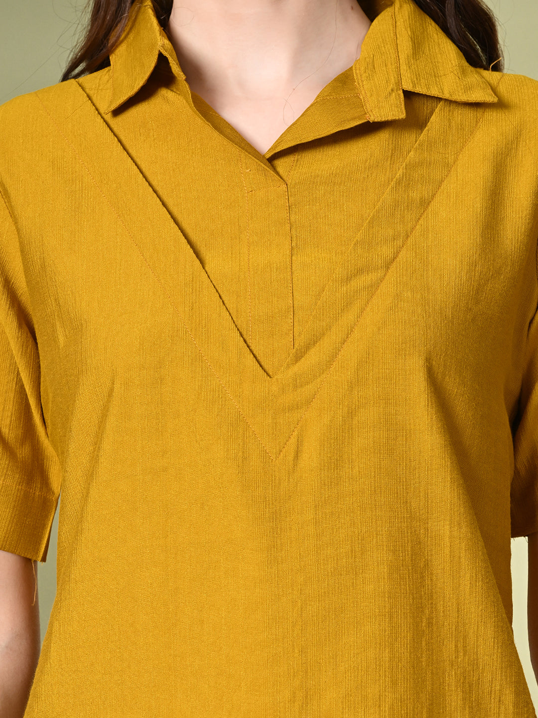 Myshka Women's Solid A-Line Collared Neck Casual Tunic In Mustard Color - Swadesiicart