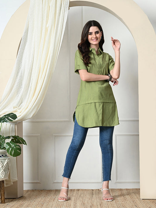 Myshka Women's Solid A-Line Collared Neck Casual Tunic In Green Color - Swadesiicart