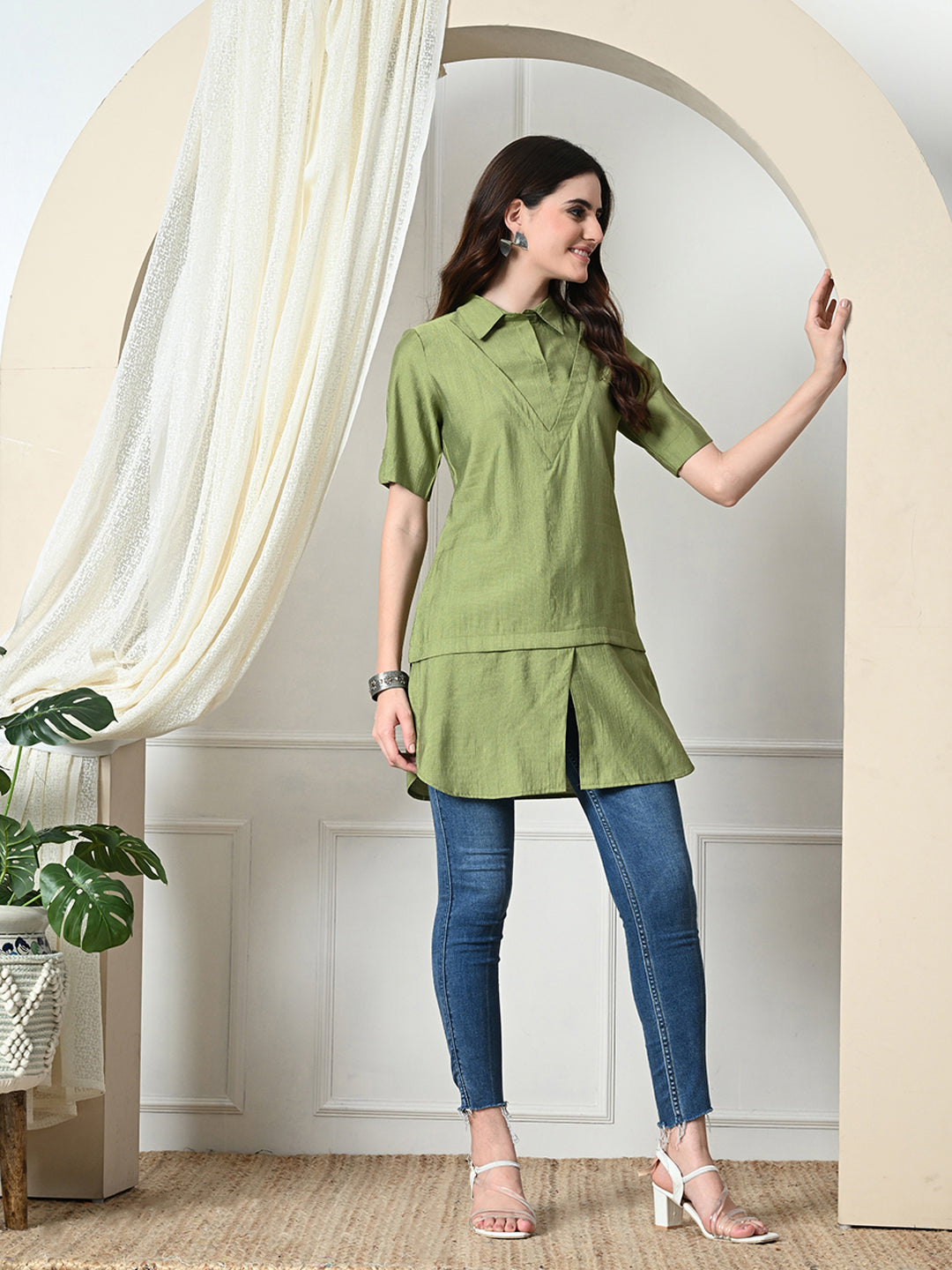 Myshka Women's Solid A-Line Collared Neck Casual Tunic In Green Color - Swadesiicart