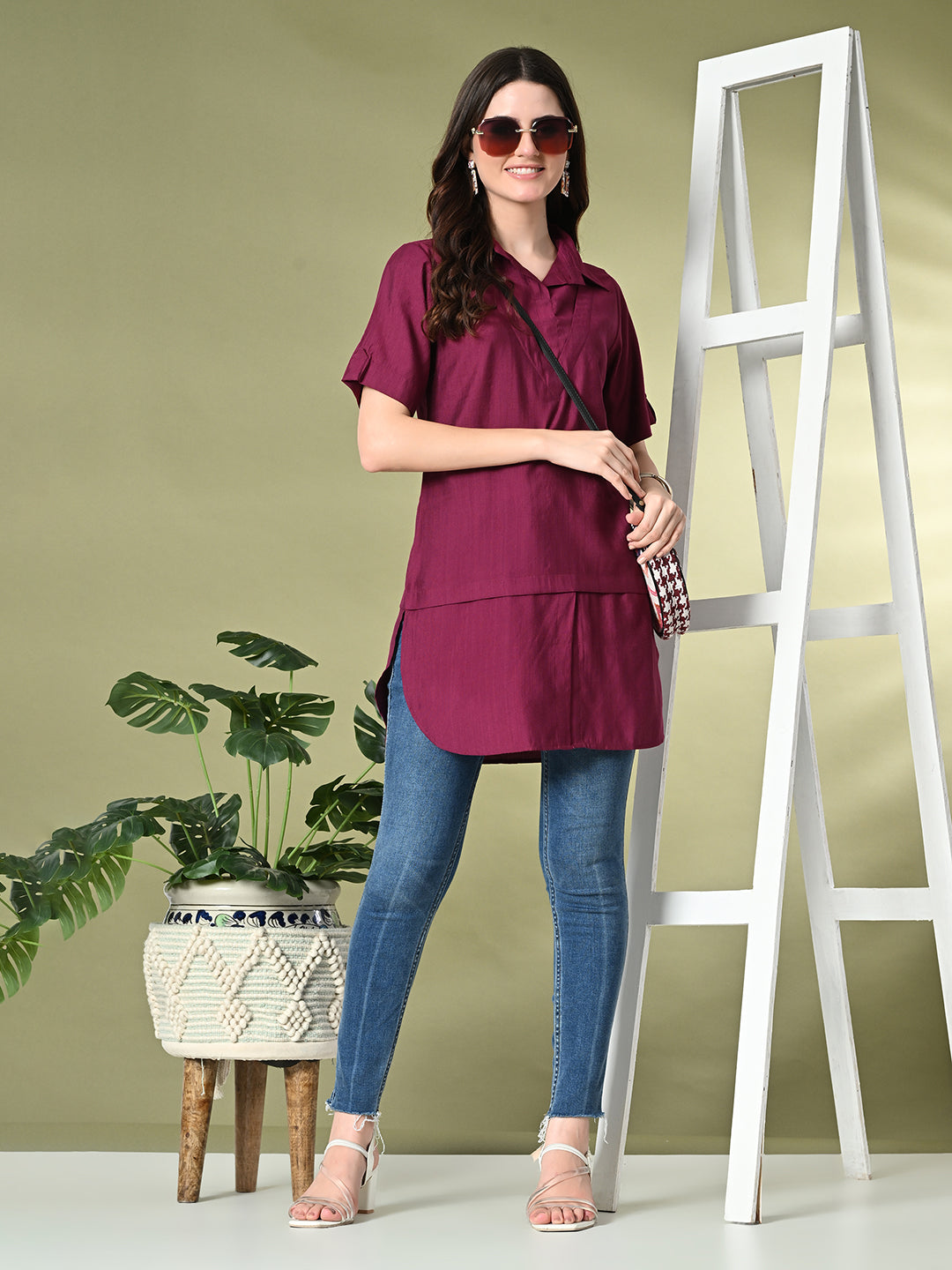 Myshka Women's Solid A-Line Collared Neck Casual Tunic In Wine Color - Swadesiicart