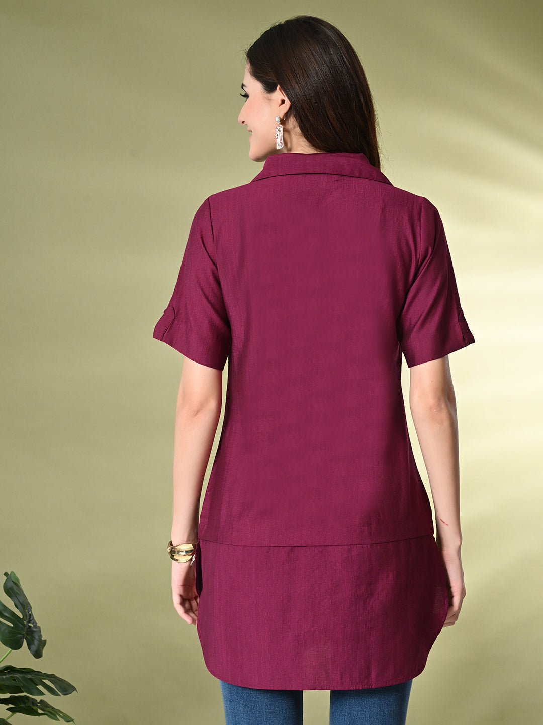 Myshka Women's Solid A-Line Collared Neck Casual Tunic In Wine Color - Swadesiicart
