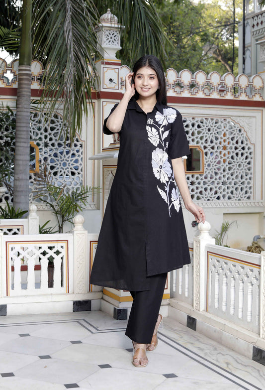 Miravan Women's Black Pure Cotton Floral Embroidered High Low Co-Ord Set - Swadesiicart