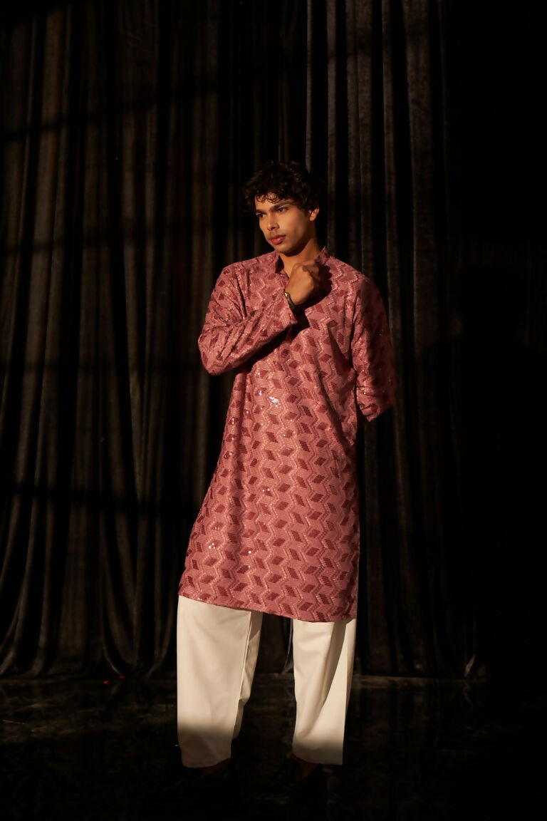 Pink viscose Chikankari Embroidery Work Men's Traditional Kurta Set - Mahotsav | Swadesiicart