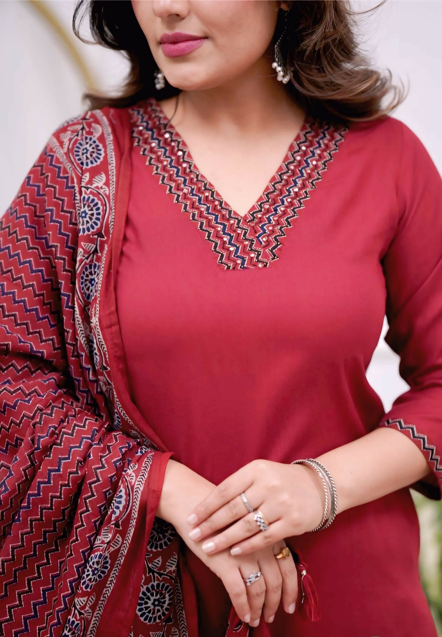 The52 Maroon Women's Gorgeous Parampara Fabric Embroidered Work Straight Kurta Pant and Dupatta Set - Swadesiicart