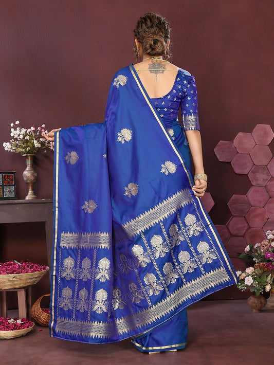 Joban Fashion Royal blue Floral Motifs Banarasi Silk Sarees | Swadesiicart