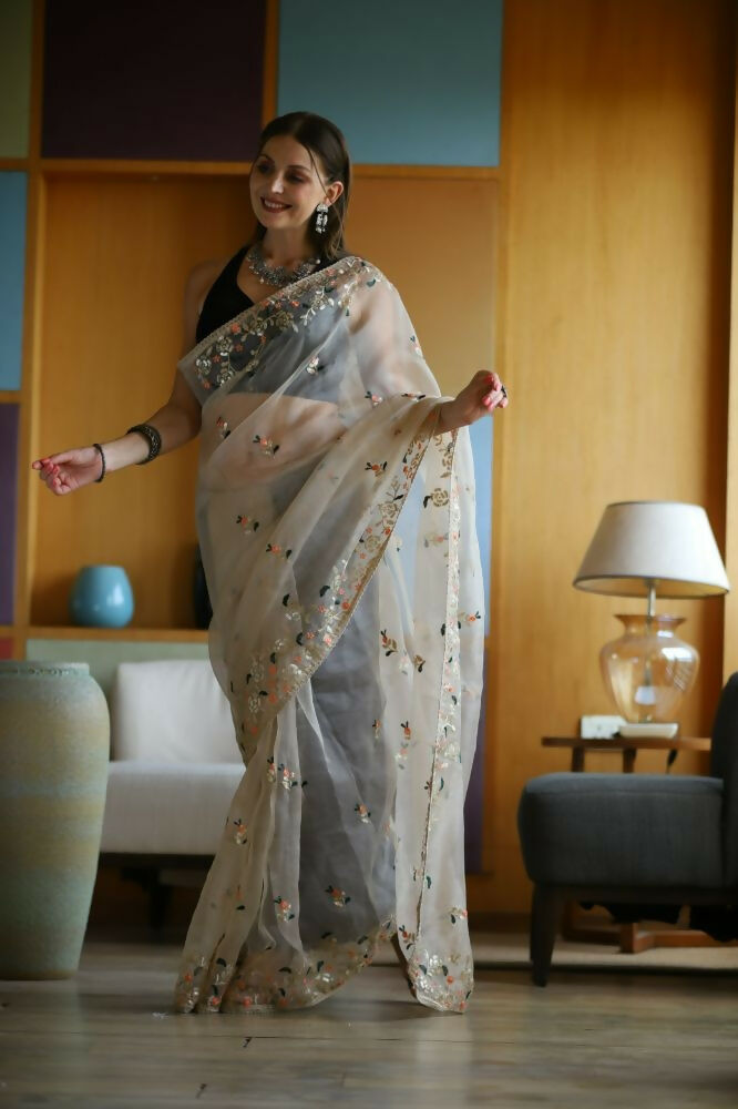 Vamsee Avantika Beige Organza Saree - Swadesiicart