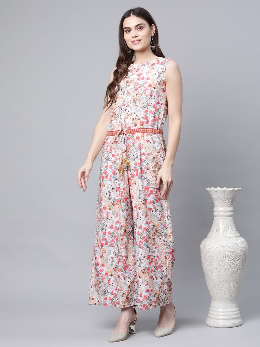 Ahalyaa Womens Pink Crepe Digital Print Floral Jumpsuit - Swadesiicart