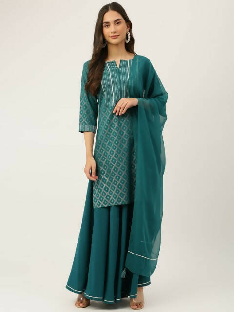 FIORRA Women's Teal Green Crepe Straight Kurta Skirt With Dupatta - Swadesiicart