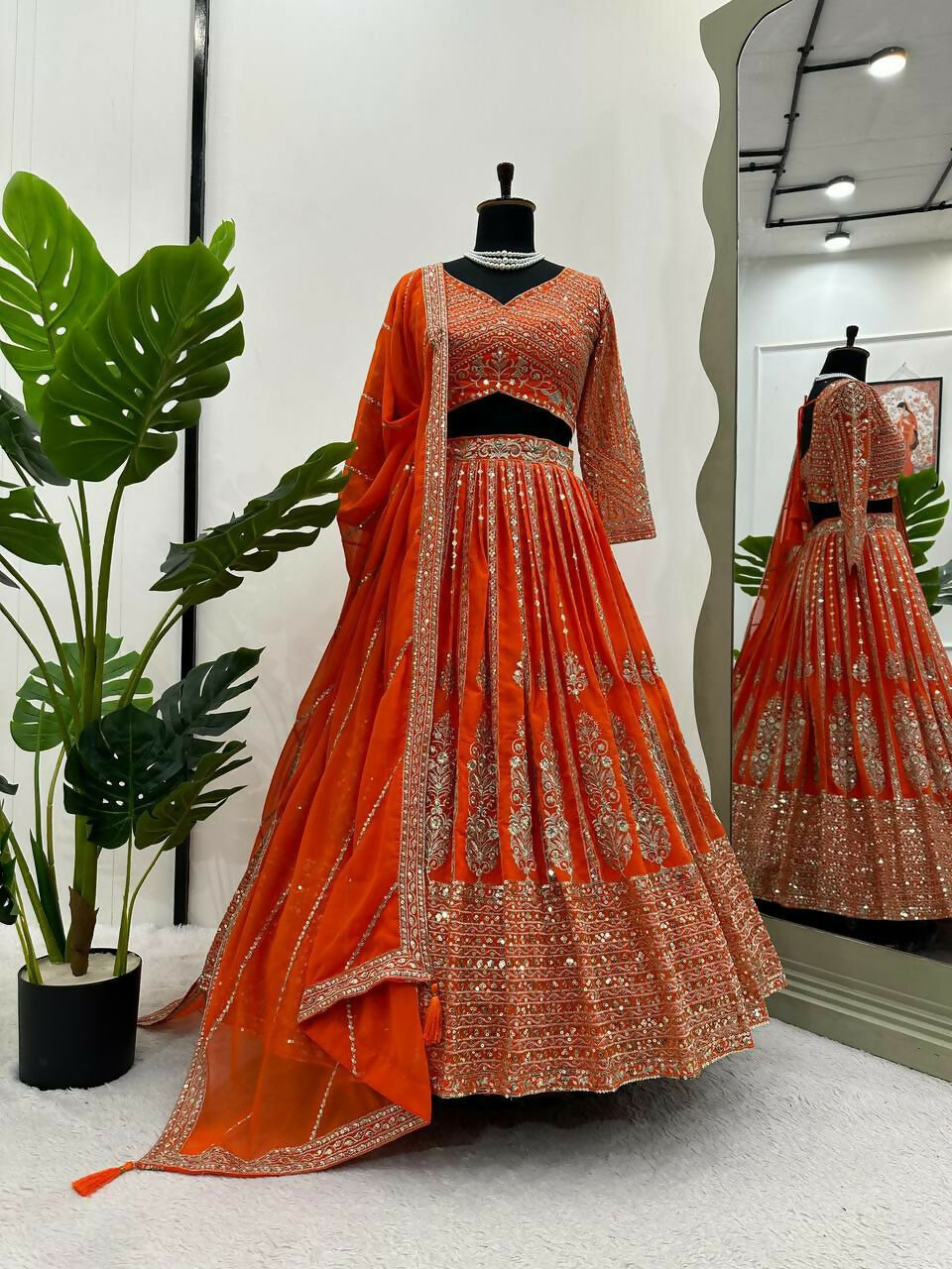 Jyoti Fashion Women's Orange Faux Georgette Sequins with Thread Embroidered Designer Lehenga Choli Set | Swadesiicart