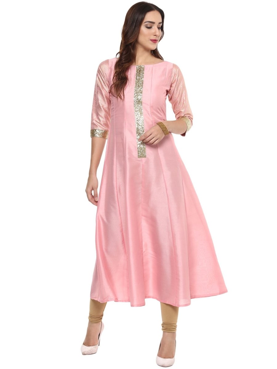 Ahalyaa Women's Pink Poly Silk Kurta | Swadesiicart
