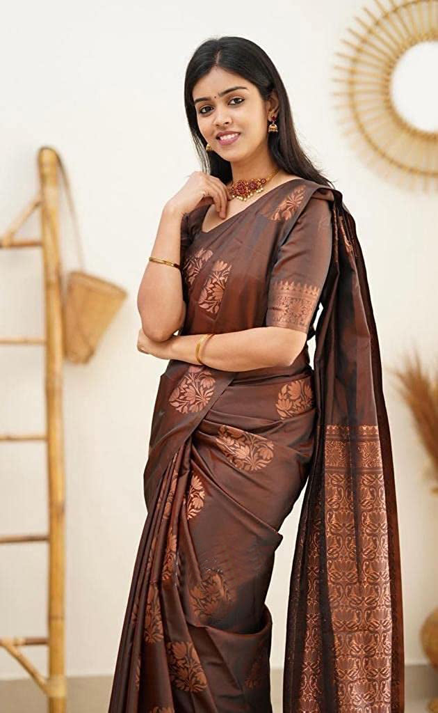 Vamika Brown Banarasi Jacquard Weaving Saree | Swadesiicart