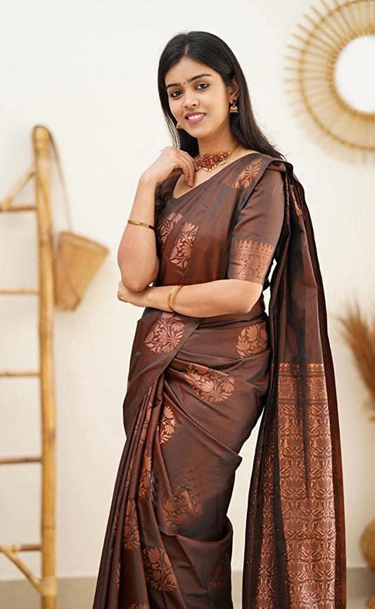 Vamika Brown Banarasi Jacquard Weaving Saree | Swadesiicart