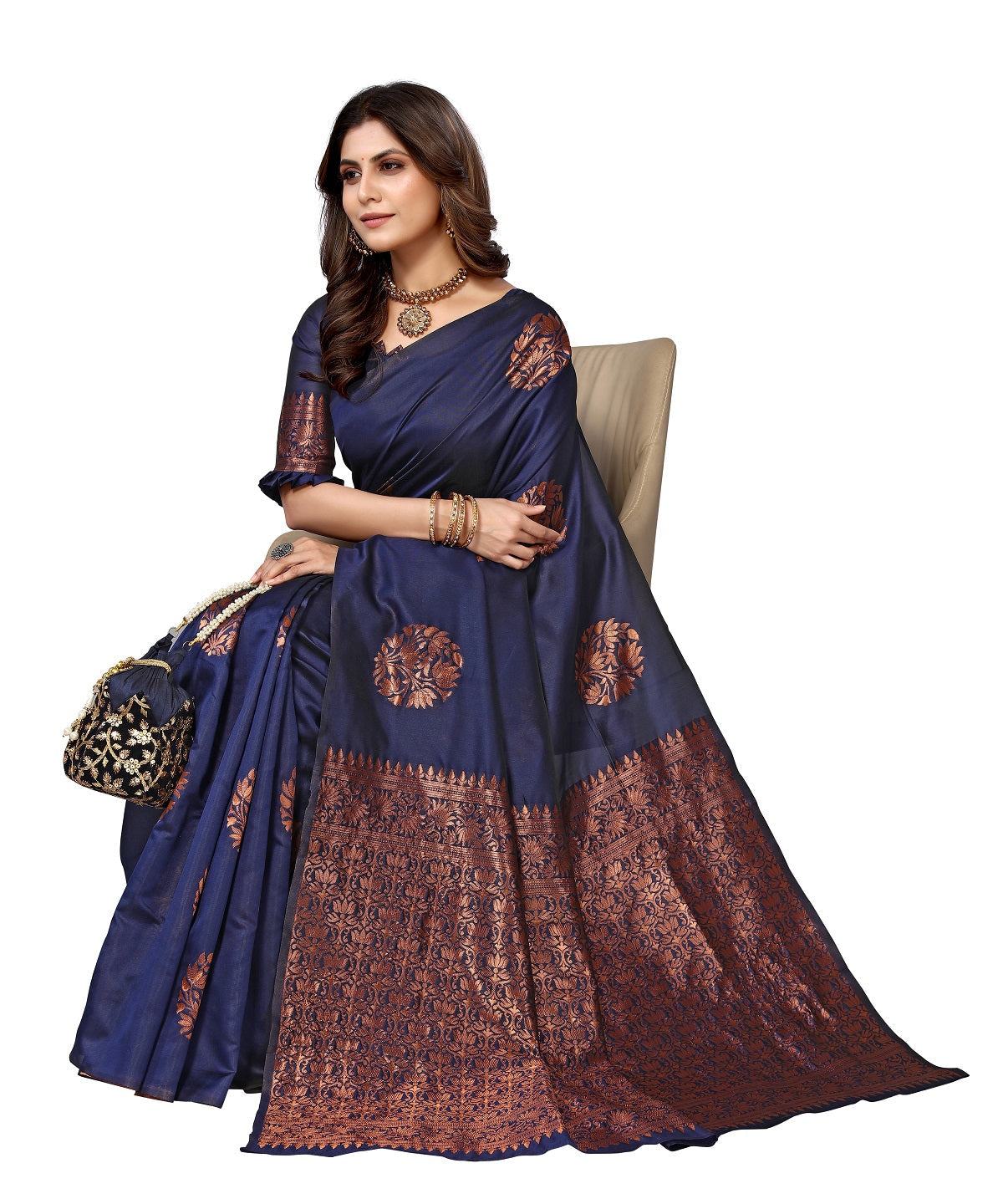 Vamika Navy Banarasi Jacquard Weaving Saree | Swadesiicart