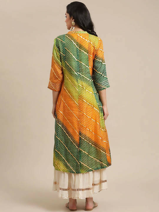 Indian Clothing Varanga Mustard Yellow & Green Bandhani Dyed Anarkali Kurta - Swadesiicart