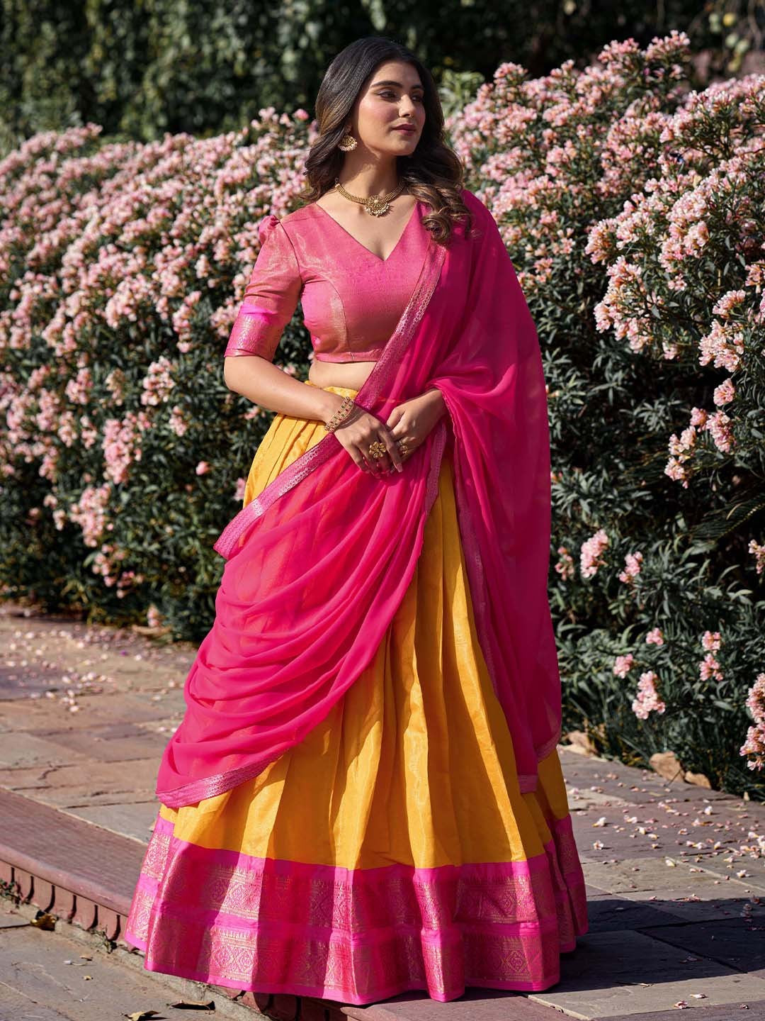 Lorenvalley Mustard Kanchipuram Zari Weaving Work Lehenga Choli with Dupatta | Swadesiicart