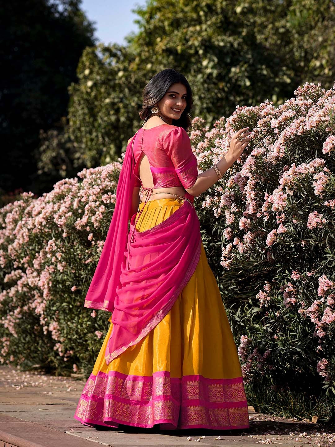 Lorenvalley Mustard Kanchipuram Zari Weaving Work Lehenga Choli with Dupatta | Swadesiicart