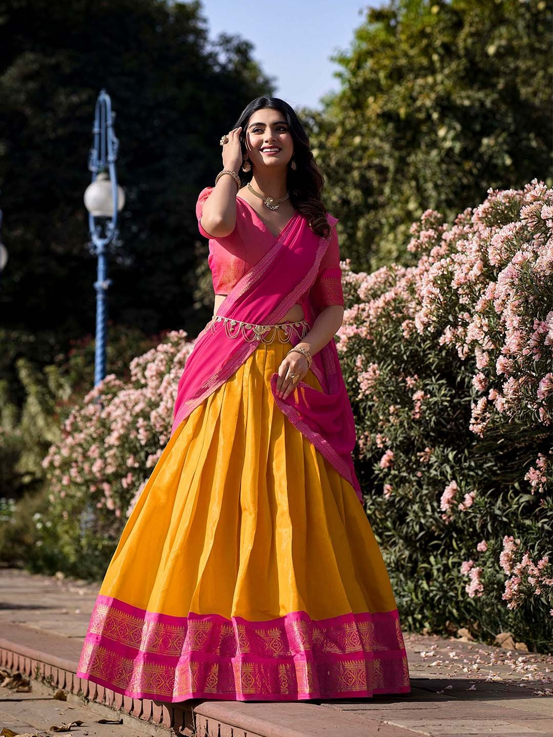 Lorenvalley Mustard Kanchipuram Zari Weaving Work Lehenga Choli with Dupatta | Swadesiicart